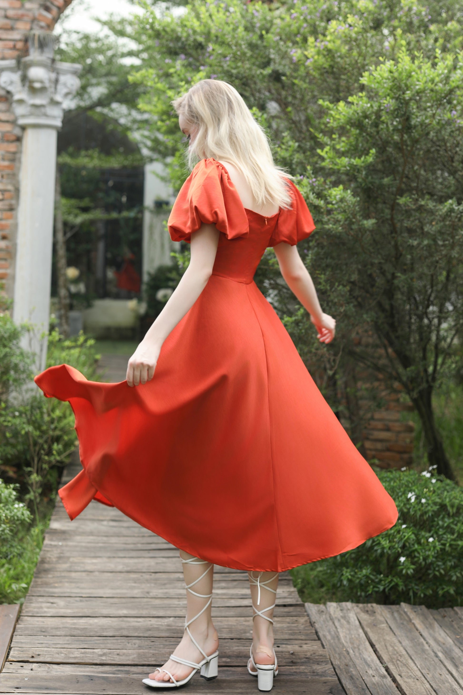 orange puff sleeve midi dress Orange Floral Tiered Puff Sleeve Midi Dress PinkBlush