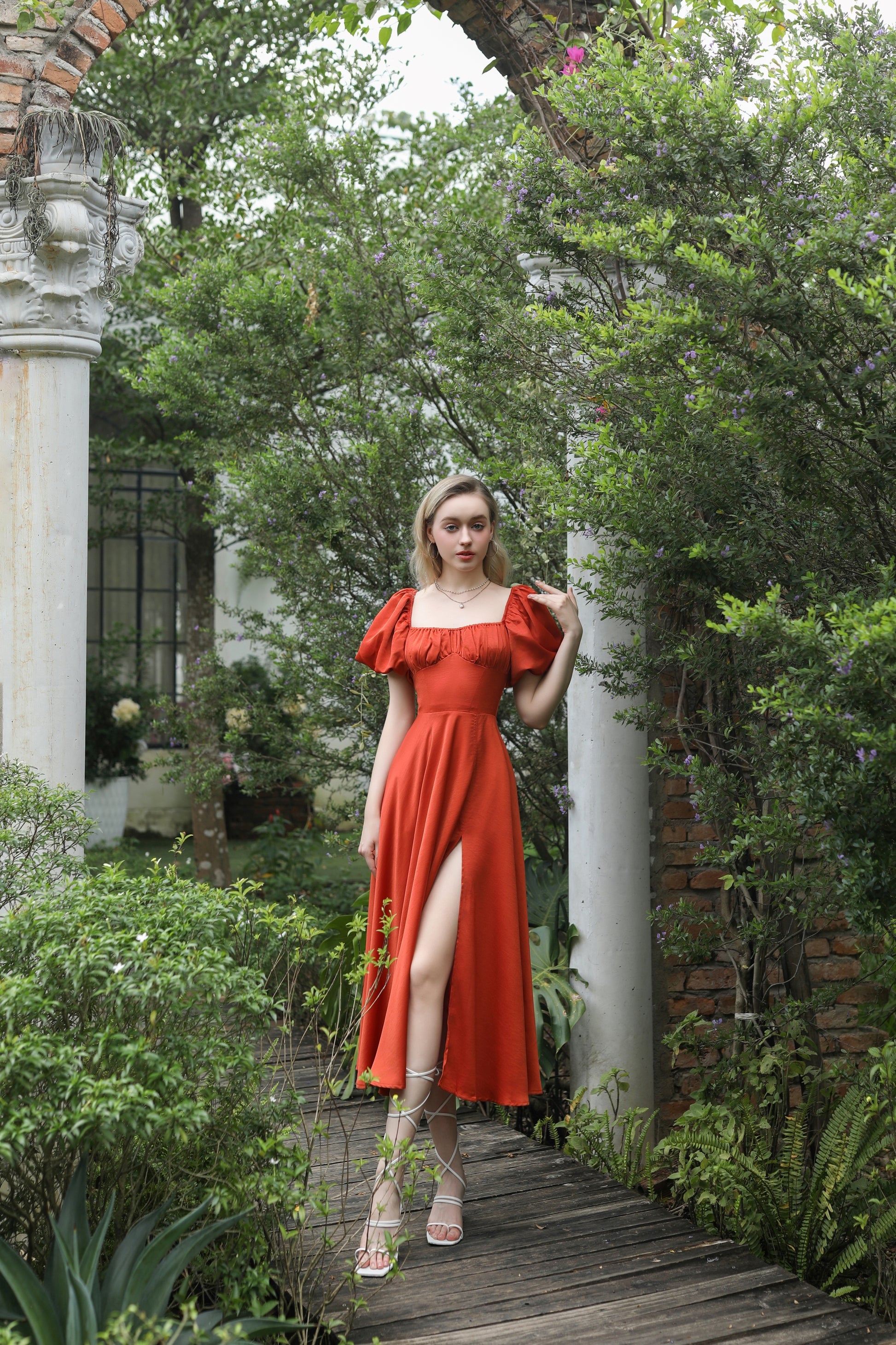 Fiesta - orange puff sleeve midi dress Fiesta - orange puff sleeve midi dress