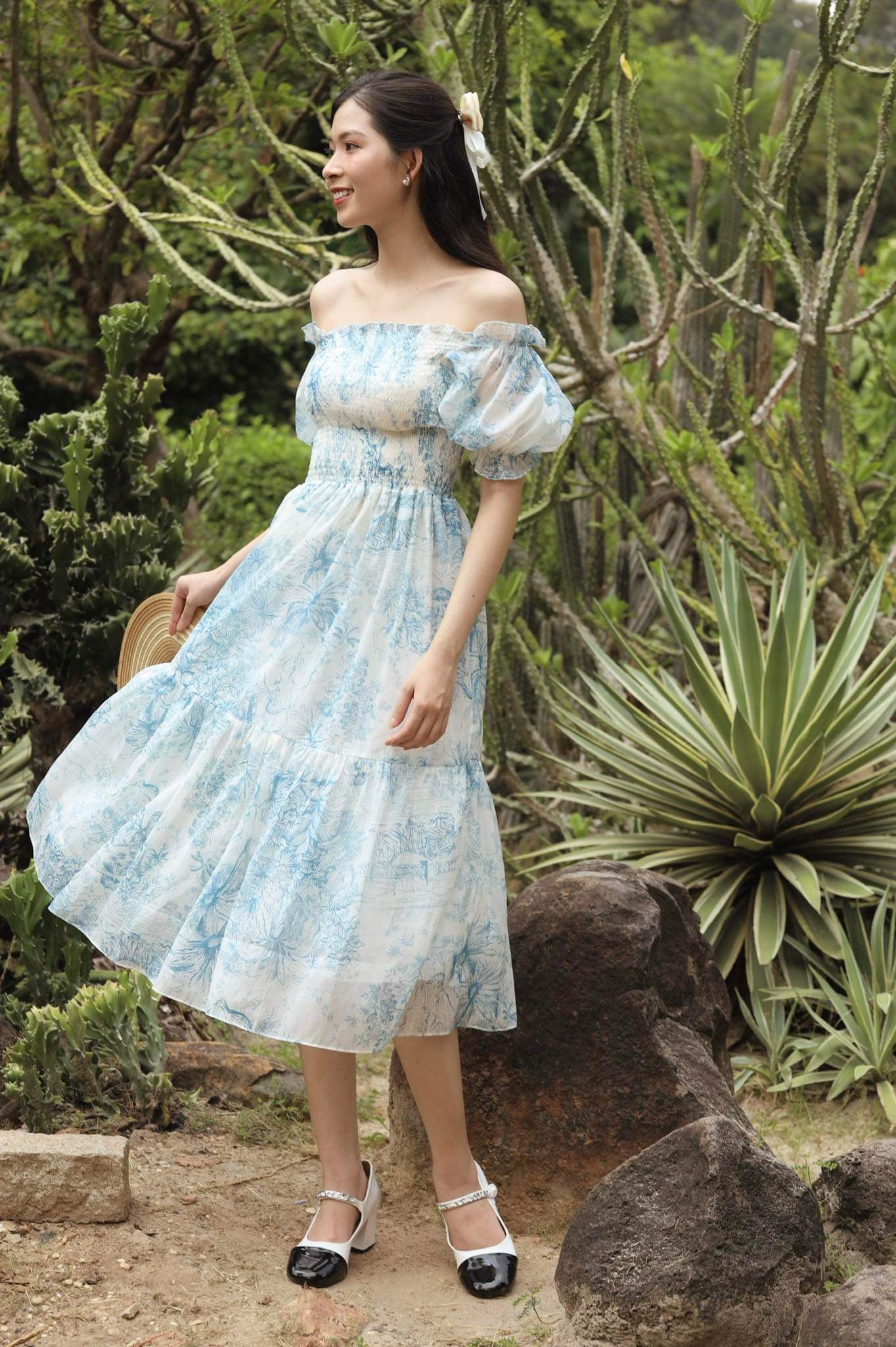 Mila - off shoulder shirred printed floral midi dress